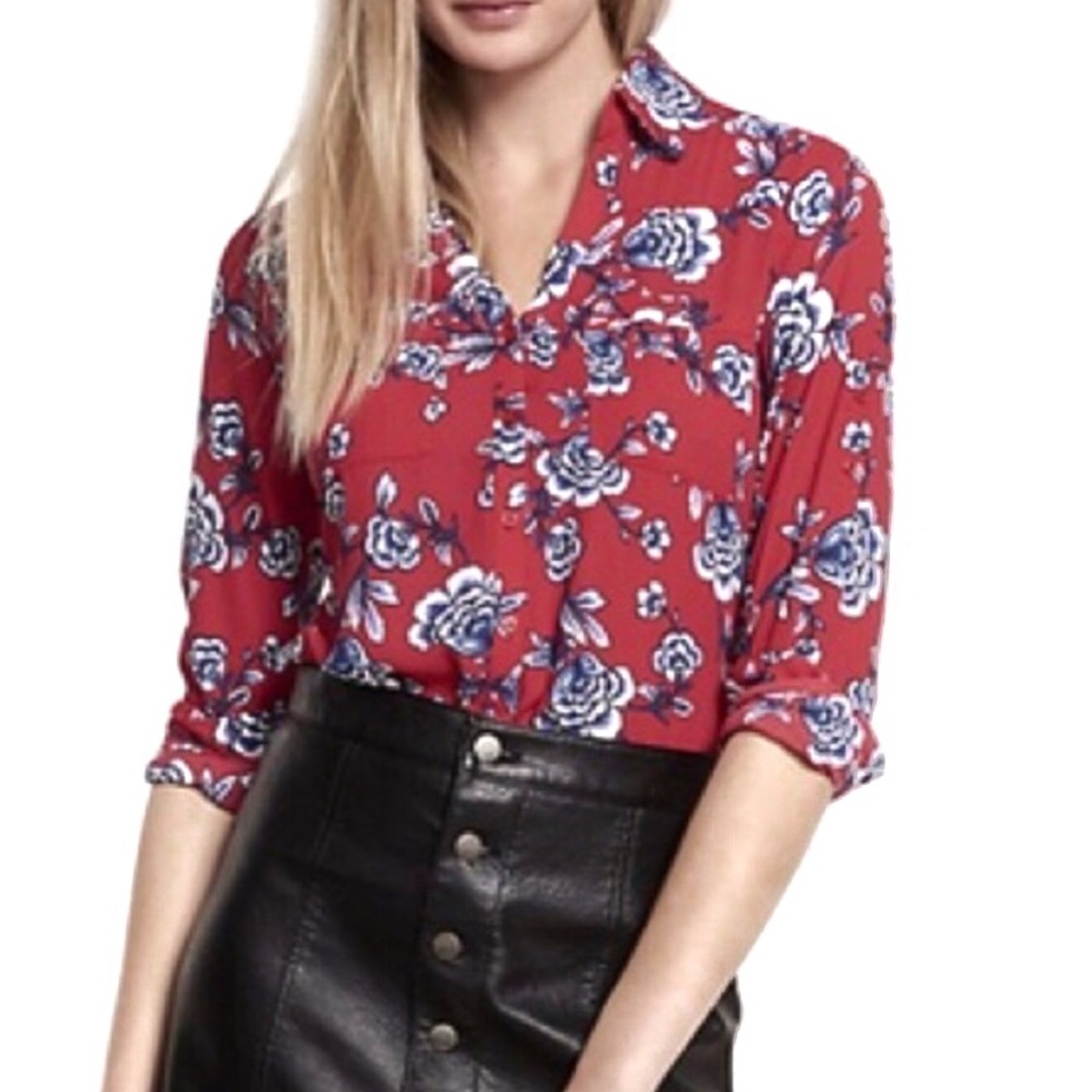 Express Portofino Button-Up Red Floral Blouse